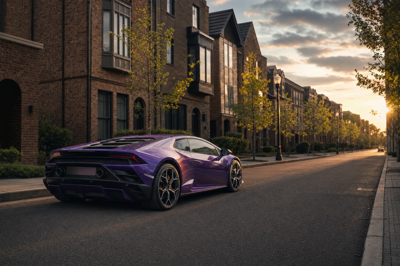 Brampton exotic car rental: a Lamborghini Huracán on a wide suburban boulevard at golden hour
