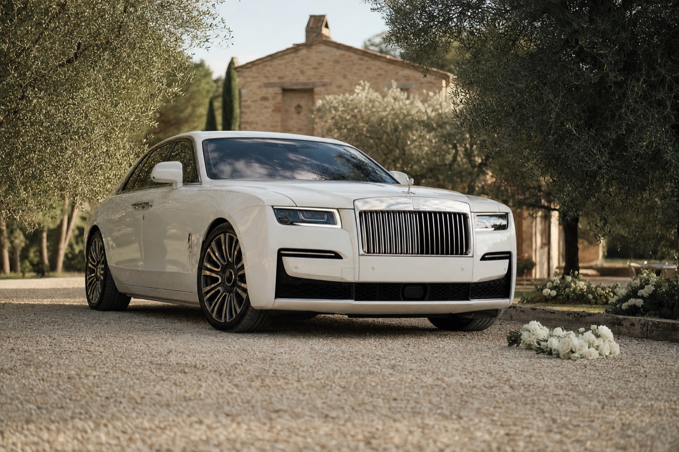 Exotic car rental for weddings: a white Rolls-Royce Ghost on a gravel venue driveway lined with olive trees