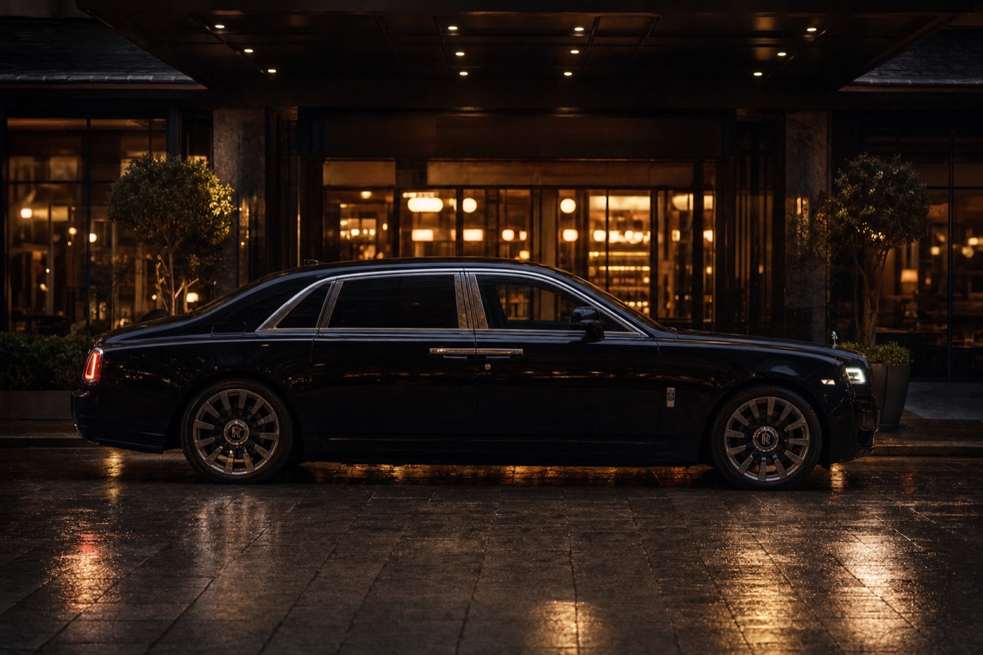 Choosing a Houston exotic rental for your plans: a black Rolls-Royce Ghost at the arrival driveway of an evening venue