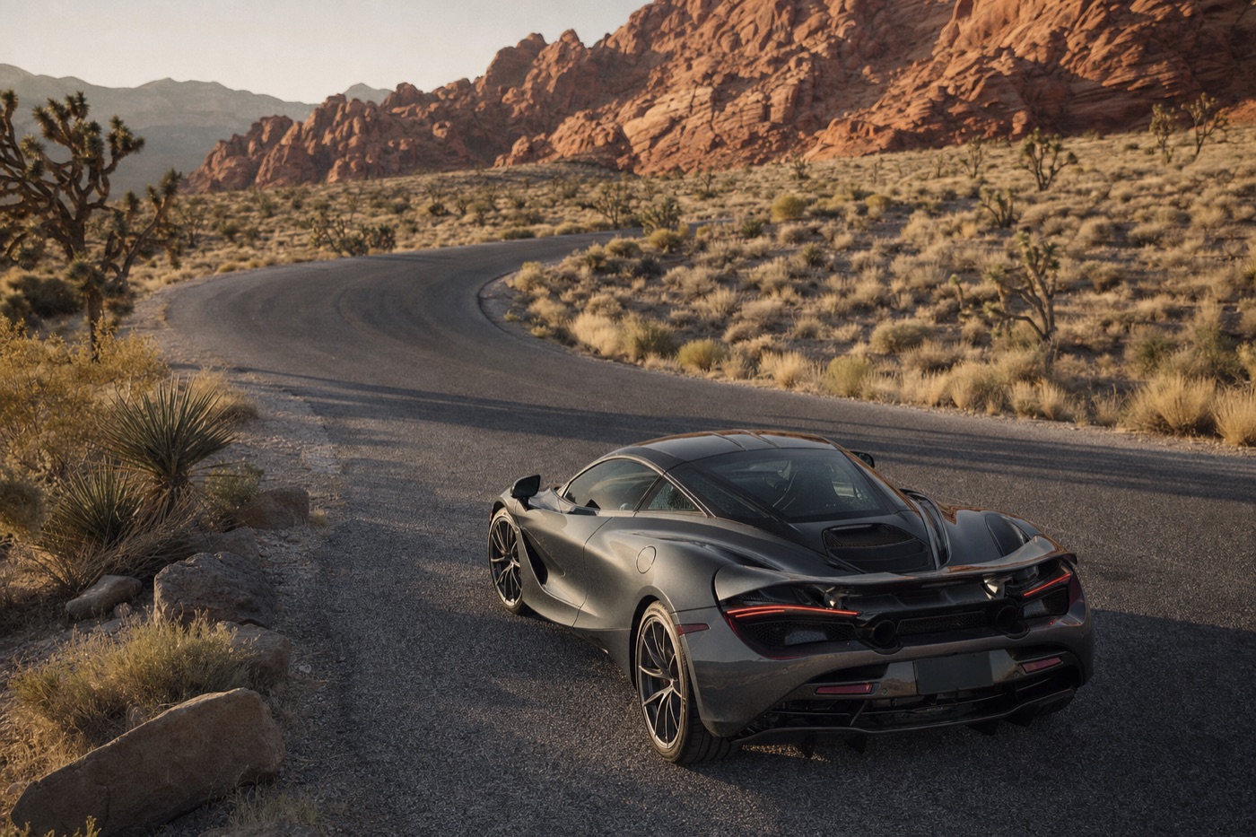 One-day Las Vegas supercar route: a grey McLaren on a paved scenic loop road beneath red sandstone cliffs in the morning