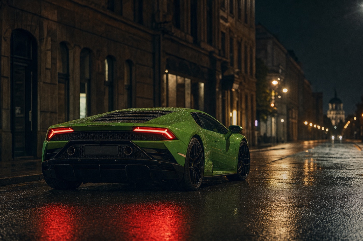 Most popular exotic cars to rent: a Lamborghini Huracán EVO on a wet city street at night with reflected tail lights
