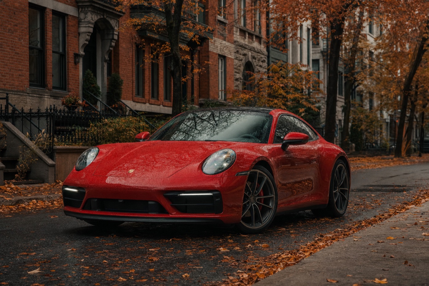 Porsche is the most available exotic rental in Canada: a red Porsche 911 on a brick townhouse street in autumn