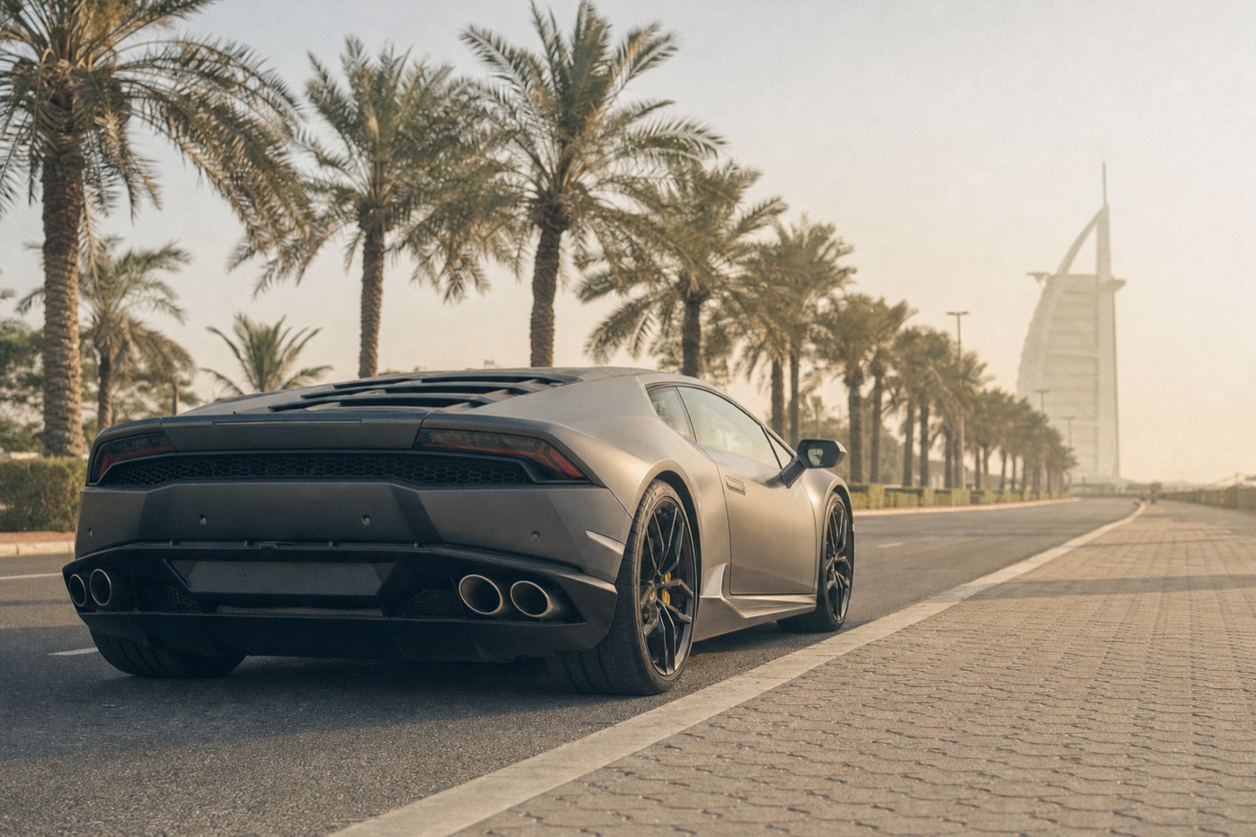 Renting a supercar in Dubai: a grey Lamborghini Huracán parked on a palm-lined waterfront road at golden hour