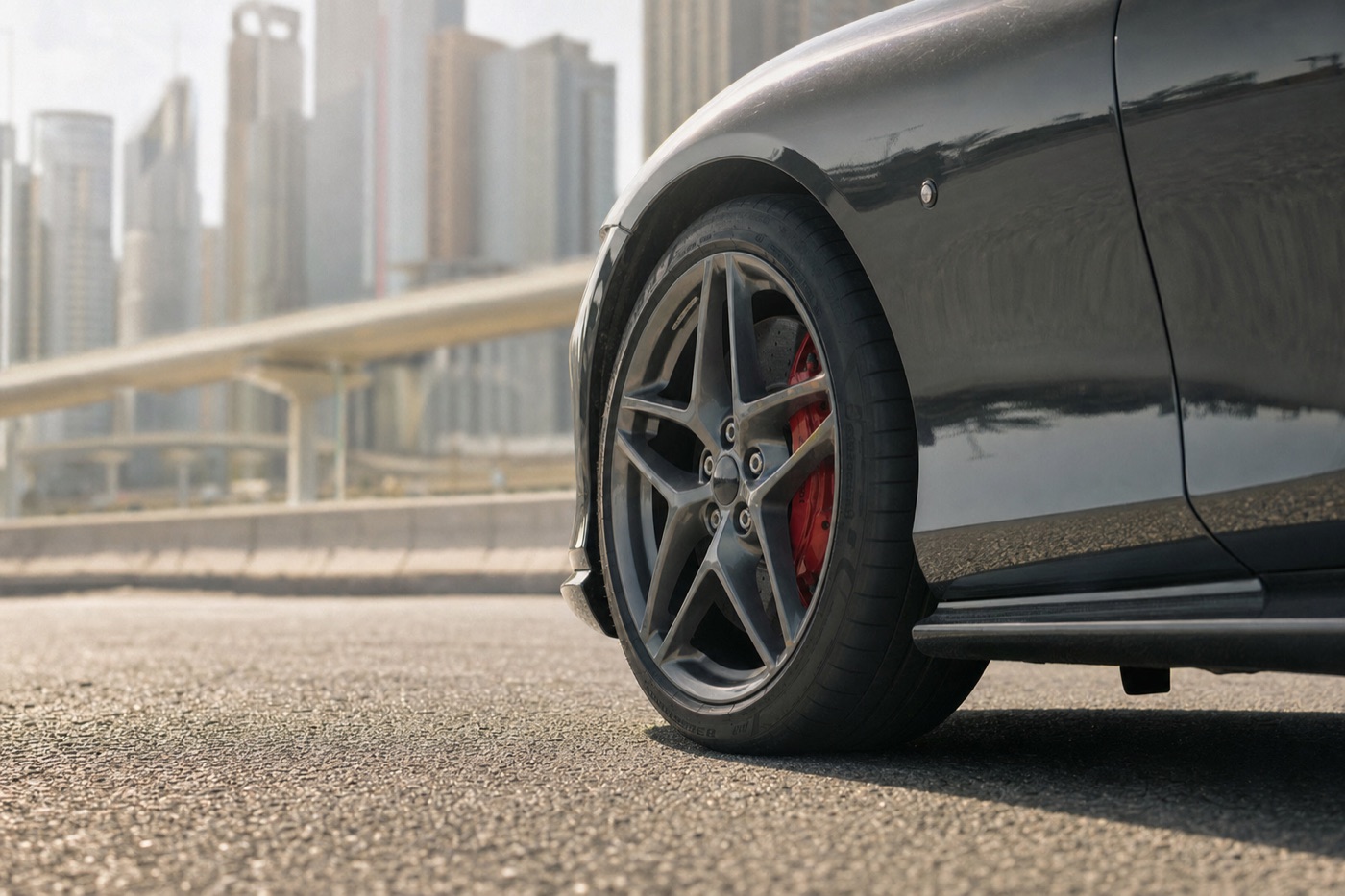 Best time to rent a supercar in Dubai: a Ferrari wheel and brake caliper on hot asphalt in summer heat