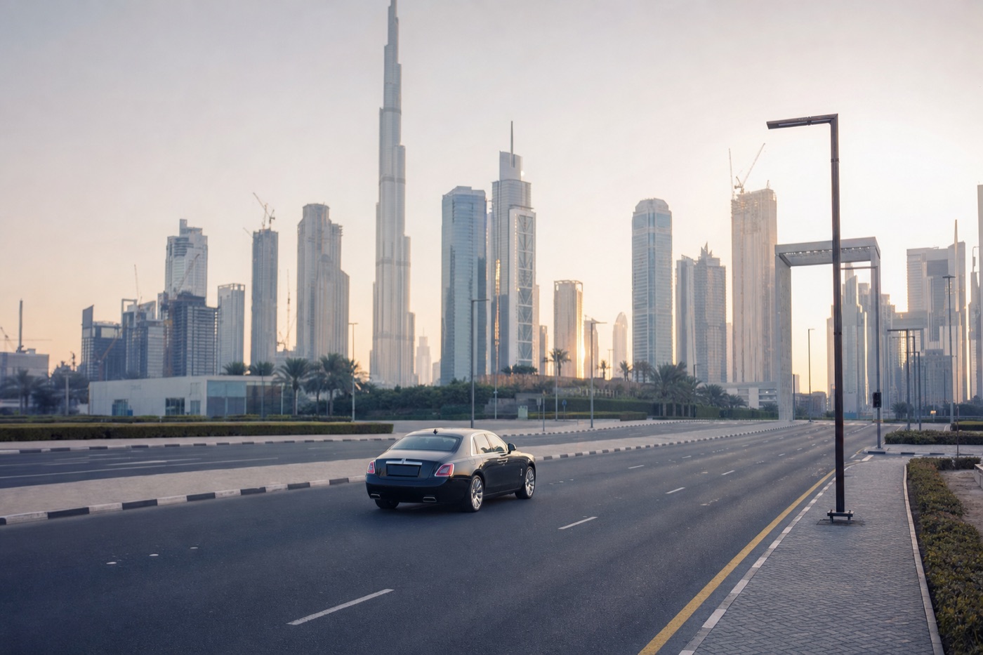 Why Dubai supercar rental prices are lower: a black Rolls-Royce Ghost on a wide empty boulevard among towers at dawn